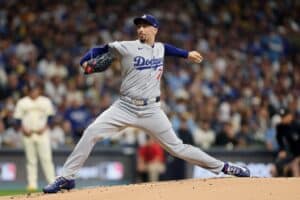 Blake Snell #7 of the Los Angeles Dodgers pitches during the first inning against the Milwaukee Brewers