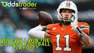 Image of Miami Hurricanes quarterback Carson Beck throwing a pass with OddsTrader graphic and text overlay.
