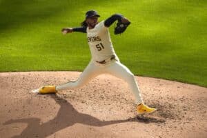 Freddy Peralta #51 of the Milwaukee Brewers pitches against the Chicago Cubs