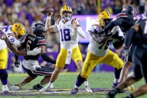 Quarterback Garrett Nussmeier #18 of the Louisiana State Tigers throws during the game against the South Carolina Gamecocks