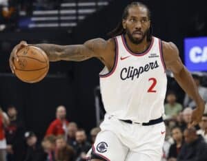 Kawhi Leonard #2 of the LA Clippers controls the ball against the Portland Trail Blazers