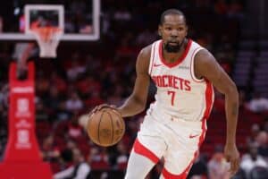 Kevin Durant #7 of the Houston Rockets drives against the Utah Jazz