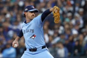 Shane Bieber #57 of the Toronto Blue Jays pitches during the second inning against the Seattle Mariners