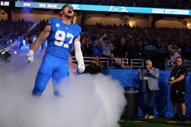 Aidan Hutchinson #97 of the Detroit Lions takes the field during player introductions prior to the game against the Cleveland Browns