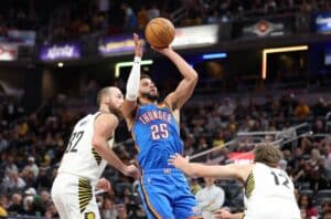 Ajay Mitchell #25 of the Oklahoma City Thunder shoots the ball against the Indiana Pacers.