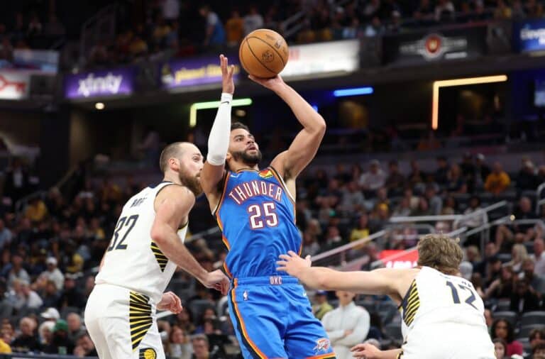 Ajay Mitchell #25 of the Oklahoma City Thunder shoots the ball against the Indiana Pacers.