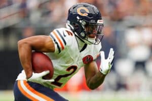 DJ Moore #2 of the Chicago Bears runs with the ball during the second quarter against the Las Vegas Raiders