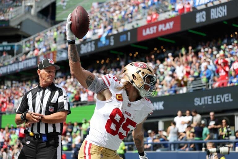 George Kittle #85 of the San Francisco 49ers celebrates a touchdown against the Seattle Seahawks.