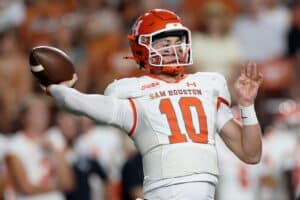 Hunter Watson #10 of the Sam Houston State Bearkats throws a pass in the second quarter against the Texas Longhorns.