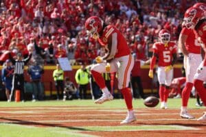 Isiah Pacheco #10 of the Kansas City Chiefs celebrates after a touchdown against the Las Vegas Raiders.