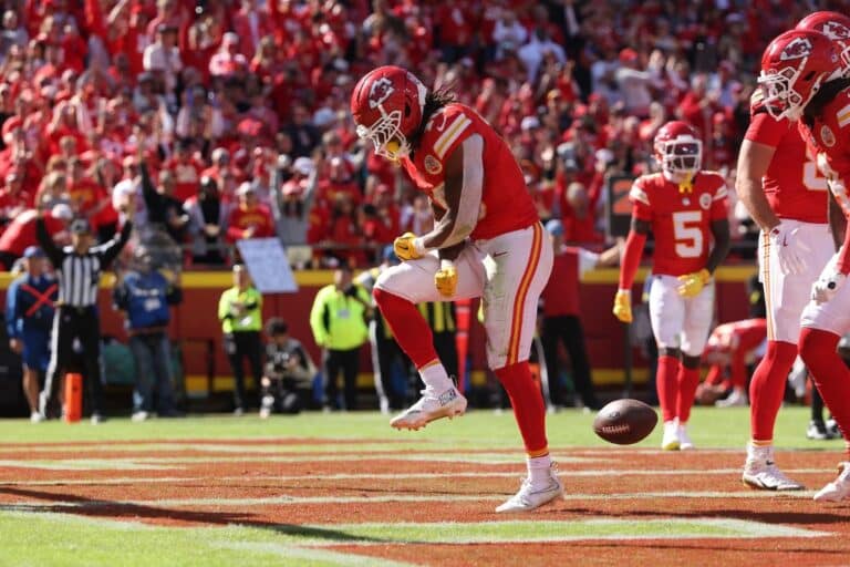 Isiah Pacheco #10 of the Kansas City Chiefs celebrates after a touchdown against the Las Vegas Raiders.