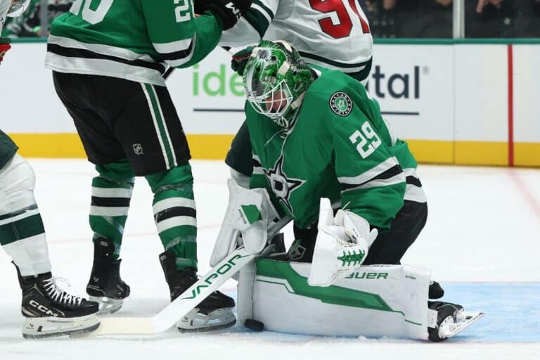 Jake Oettinger #29 of the Dallas Stars stops a shot during the second period against the Minnesota Wild.
