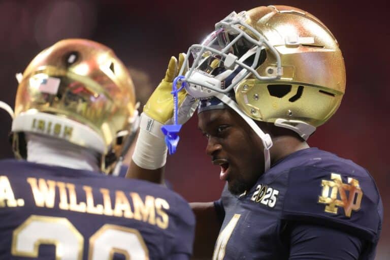 Jeremiyah Love #4 of the Notre Dame Fighting Irish looks on during the second quarter against the Ohio State Buckeyes