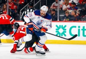 Leon Draisaitl #29 of the Edmonton Oilers skates against the New Jersey Devils.
