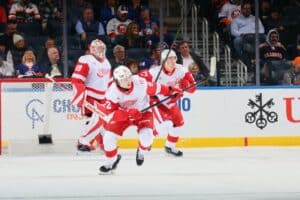 YORK - OCTOBER 23: Marco Kasper #92 of the Detroit Red Wings skates against the New York Islanders.