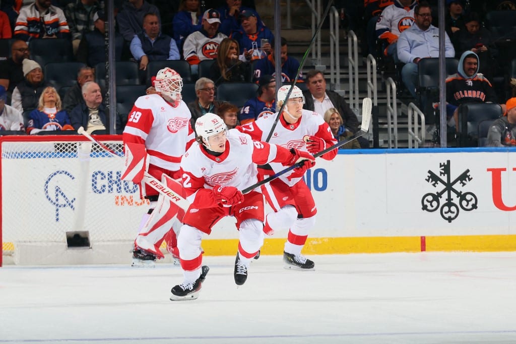 Marco Kasper of the Detroit Red Wings, one of our top NHL picks today, skates against the New York Islanders.