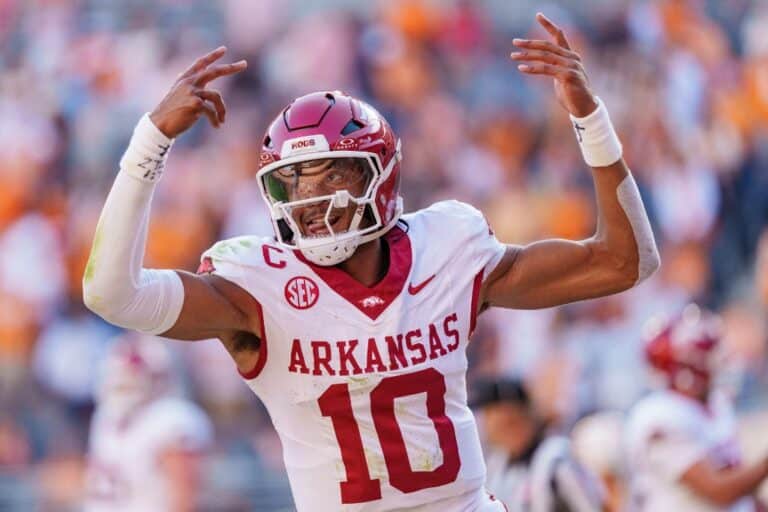 Taylen Green #10 of the Arkansas Razorbacks celebrates in the first half against the Tennessee Volunteers.