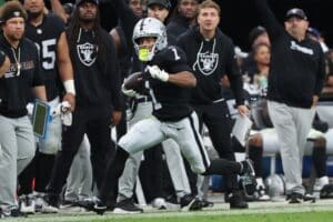 Tre Tucker #1 of the Las Vegas Raiders runs the ball in the game against the Tennessee Titans.