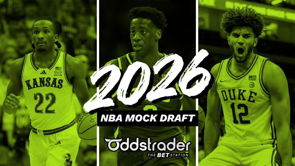 2026 NBA Mock Draft graphic with images of Darryn Peterson, AJ Dybantsa, and Cameron Boozer.