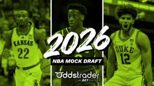 2026 NBA Mock Draft graphic with images of Darryn Peterson, AJ Dybantsa, and Cameron Boozer.