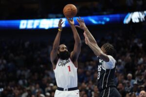 Los Angeles Clippers v Dallas Mavericks - Oddstrader The cover for this NBA player props today article shows James Harden #1 of the LA Clippers shooting over Naji Marshall #13 of the Dallas Mavericks