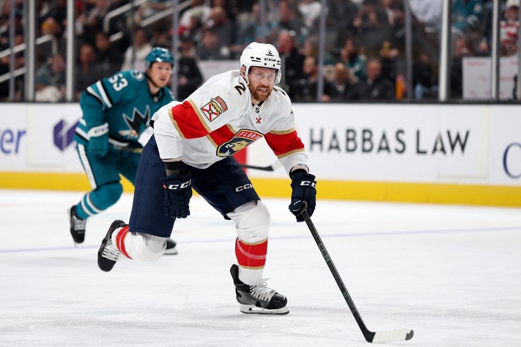 The cover for this NHL Parlay picks today article shows Jeff Petry #2 of the Florida Panthers in action against the San Jose Sharks.