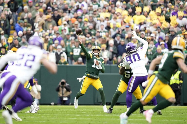 Minnesota Vikings v Green Bay Packers - Oddstrader - Oddstrader The cover for this NFL Thanksgiving Player Props article shows Jordan Love #10 of the Green Bay Packers throwing a pass against the Minnesota Vikings.