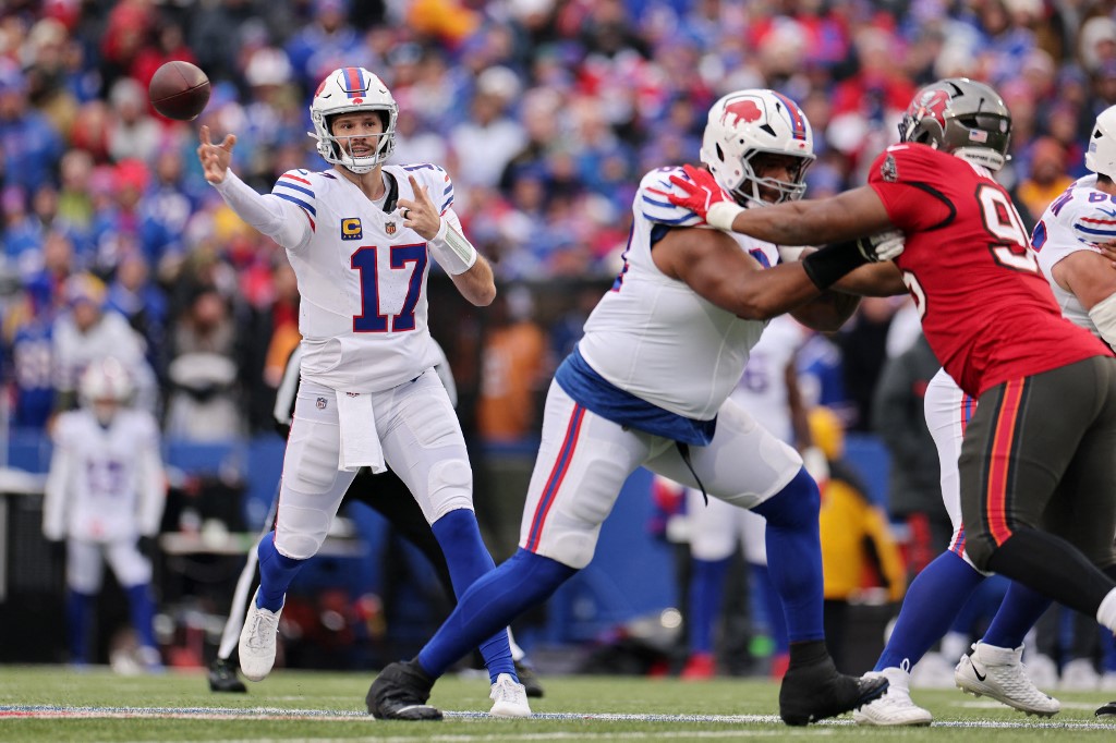 The cover for this Thursday night football picks article shows Josh Allen #17 of the Buffalo Bills throwing a pass during the first quarter against the Tampa Bay Buccaneers