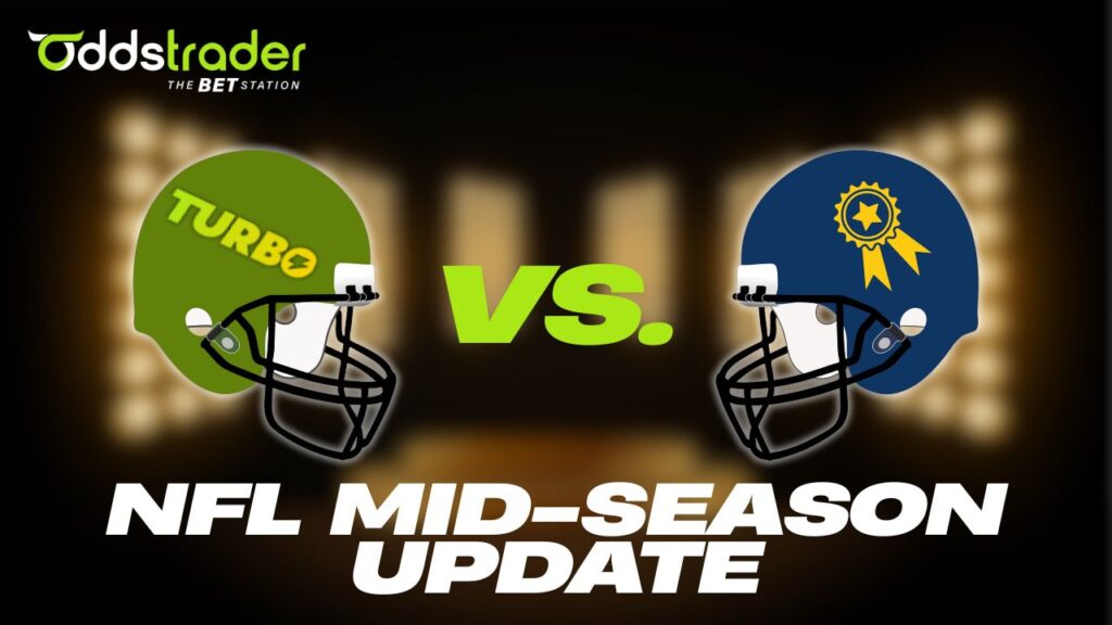 Graphic of two football helmets going head-to-head with OddsTrader Turbo logo on the left helmet and a ribbon icon on the right helmet.