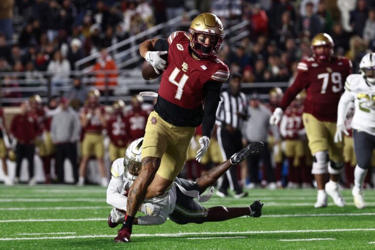 Georgia Tech Yellow Jackets v Boston College Eagles - Oddstrader - Oddstrader The cover for this College football odds week 13 article shows Reed Harris #4 of the Boston College Eagles breaking a tackle on his way to a touchdown against the Georgia Tech Yellow Jackets