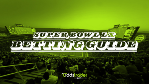 Super Bowl LX Betting Guide graphic with white text on a black and green colored background of an NFL stadium.