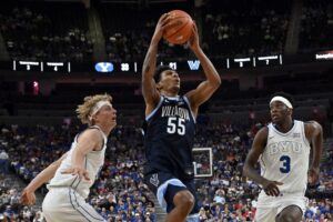 Villanova v BYU - Oddstrader Acaden Lewis #55 of the Villanova Wildcats goes to the basket against the BYU Cougars.