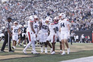 The Auburn Tigers celebrate after a touchdown against the Vanderbilt Commodores.