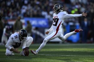 Atlanta Falcons v New England Patriots - Oddstrader Parker Romo #39 of the Atlanta Falcons kicks a field goal against the New England Patriots.