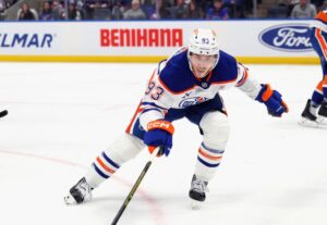 Ryan Nugent-Hopkins of the Edmonton Oilers, one of our top picks for NHL anytime goal scorer props, skates against the New York Islanders.