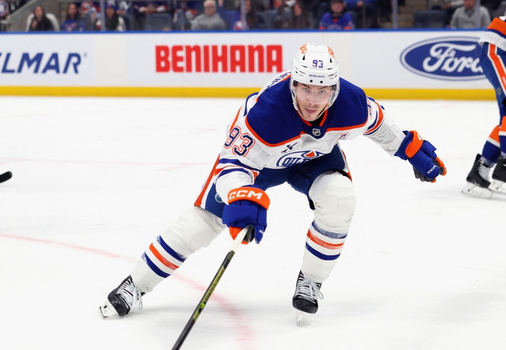 Ryan Nugent-Hopkins of the Edmonton Oilers, one of our top picks for NHL anytime goal scorer props, skates against the New York Islanders.