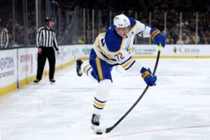 Buffalo Sabres v Boston Bruins - Oddstrader Buffalo Sabres' Tage Thompson, featured in our NHL anytime goal scorer props, takes a shot against the Boston Bruins.