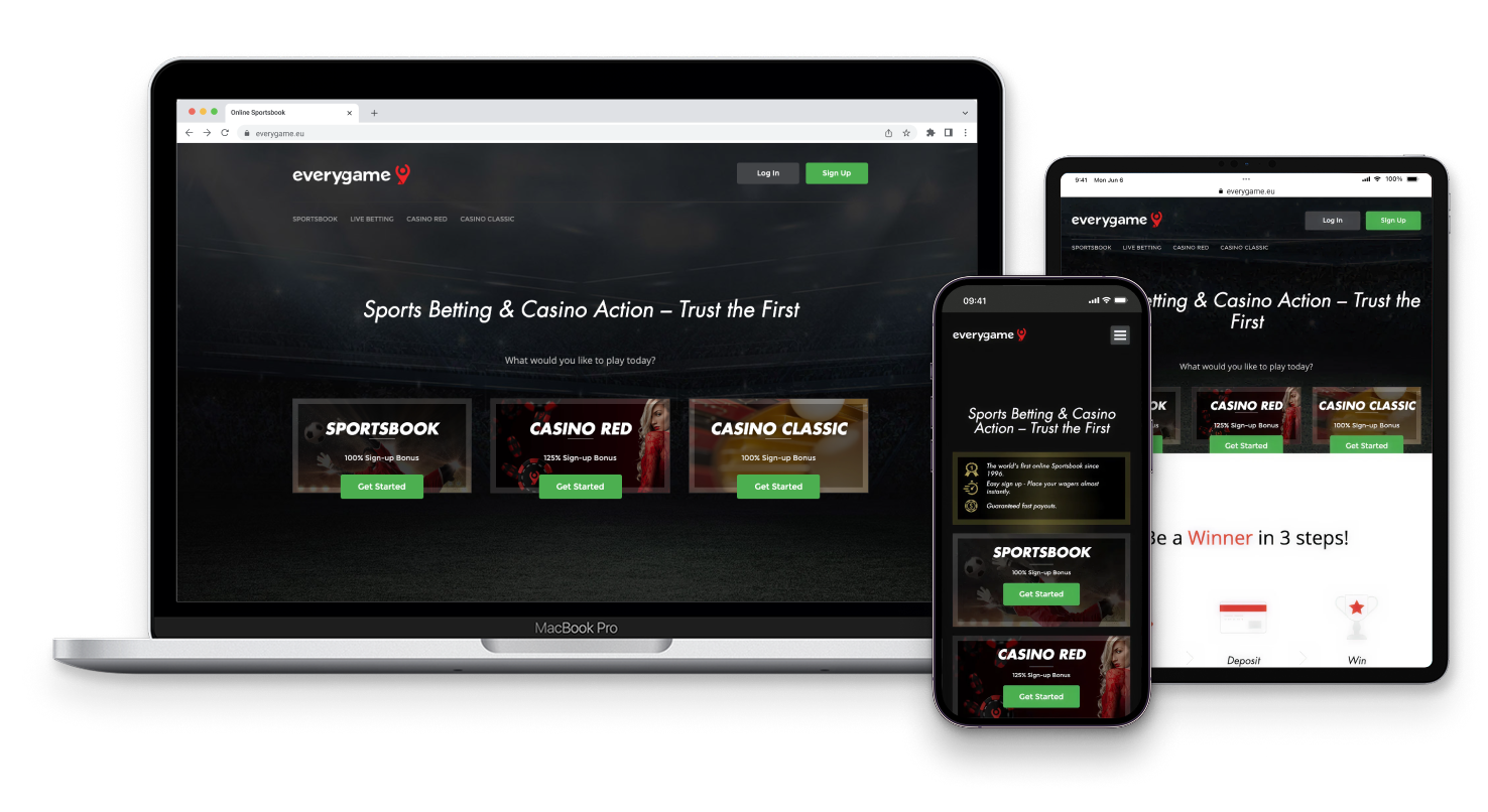 Everygame sportsbook preview on desktop, tablet, and mobile devices