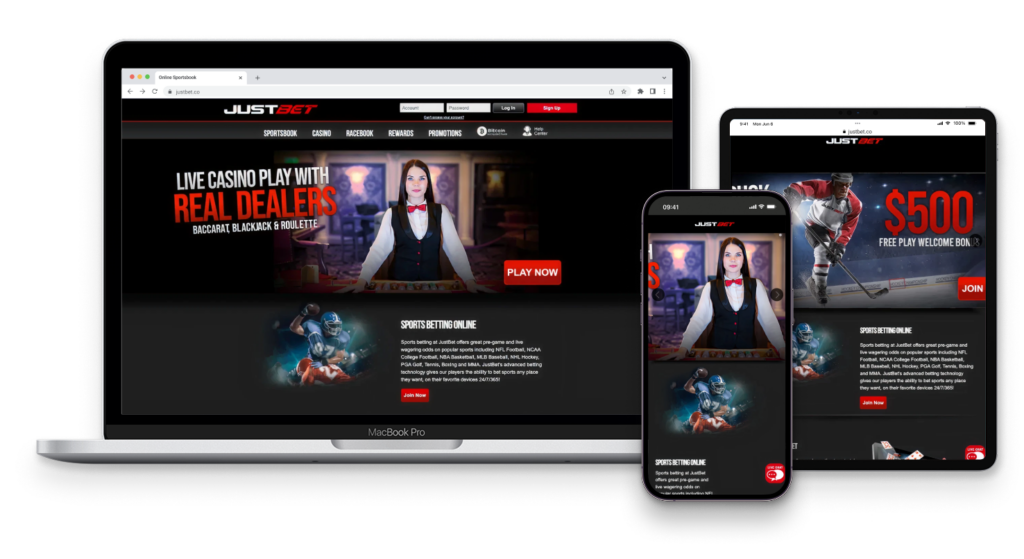 JustBet_desktop_mobile_preview - Oddstrader JustBet sportsbook preview on desktop, tablet, and mobile devices