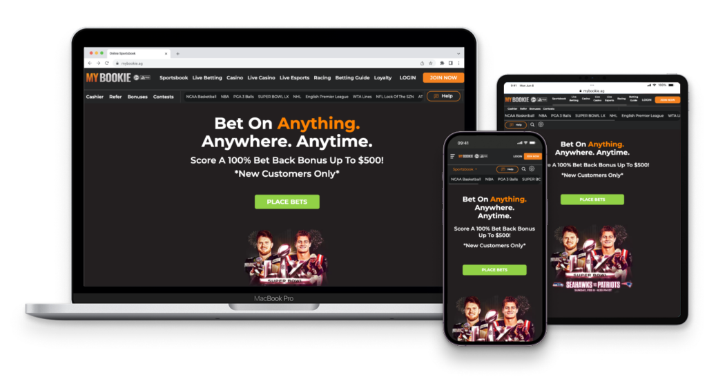 MyBookie sportsbook preview on desktop, tablet, and mobile devices