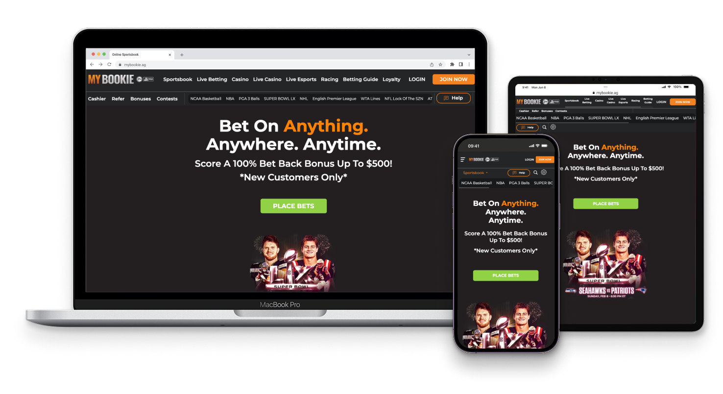 MyBookie sportsbook preview on desktop, tablet, and mobile devices