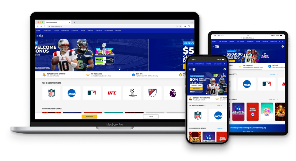 SportsBetting.ag sportsbook preview on desktop, tablet, and mobile devices