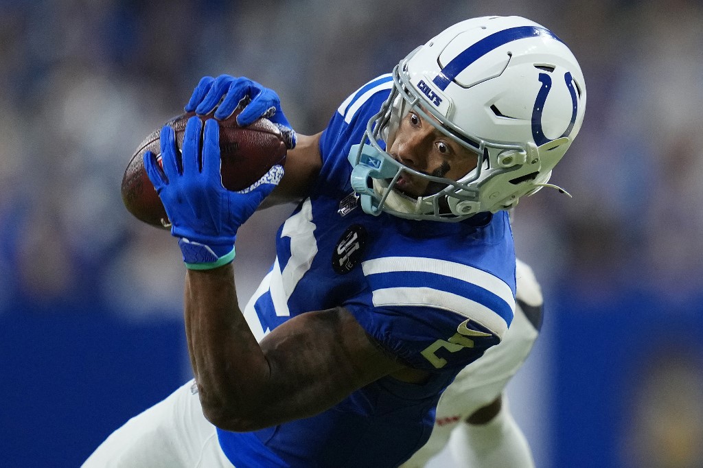 Josh Downs #2 of the Indianapolis Colts catches a pass against the Houston Texans.