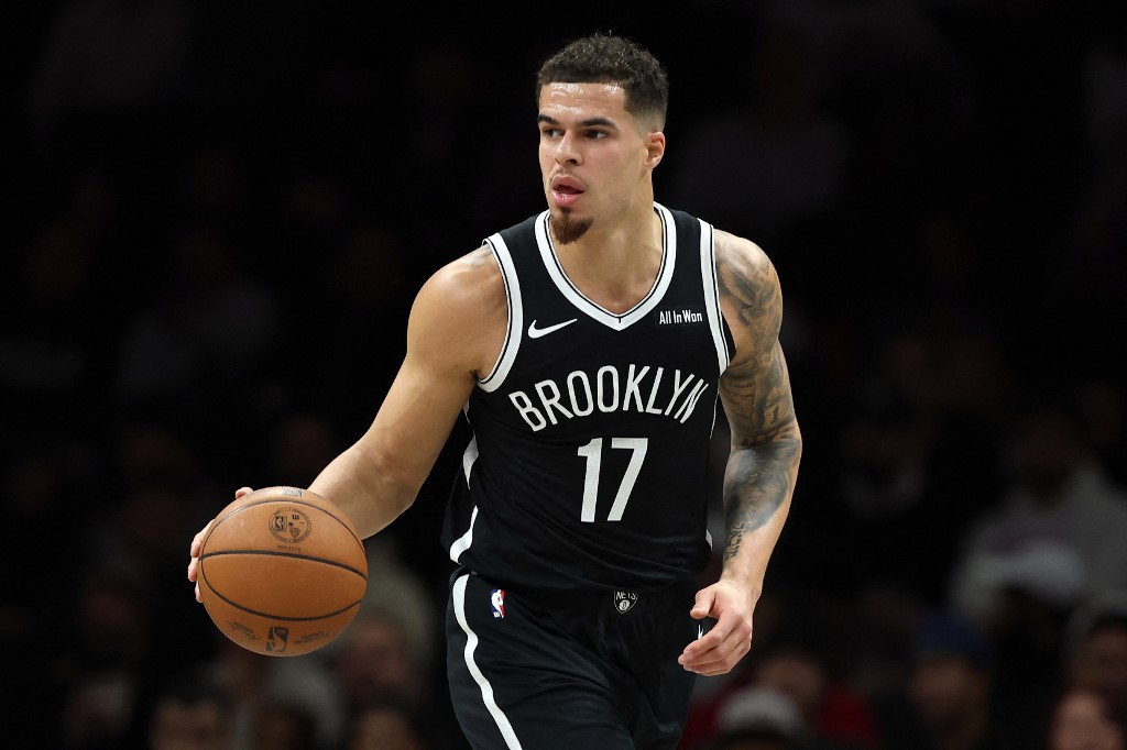 Michael Porter Jr. #17 of the Brooklyn Nets dribbles during the first half against the Miami Heat.