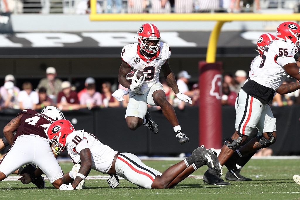 Nate Frazier #3 of the Georgia Bulldogs carries the ball during the second half against the Mississippi State Bulldogs.