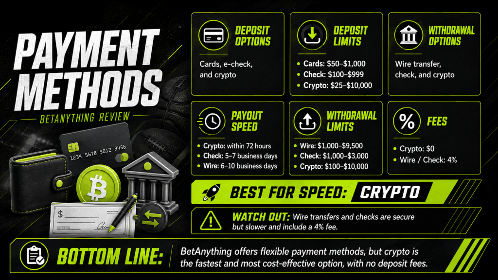 BetAnything Payment Methods Review - Oddstrader BetAnything payment methods image showing deposit options, deposit limits, withdrawal options, payout speed, withdrawal limits, fees, and crypto banking