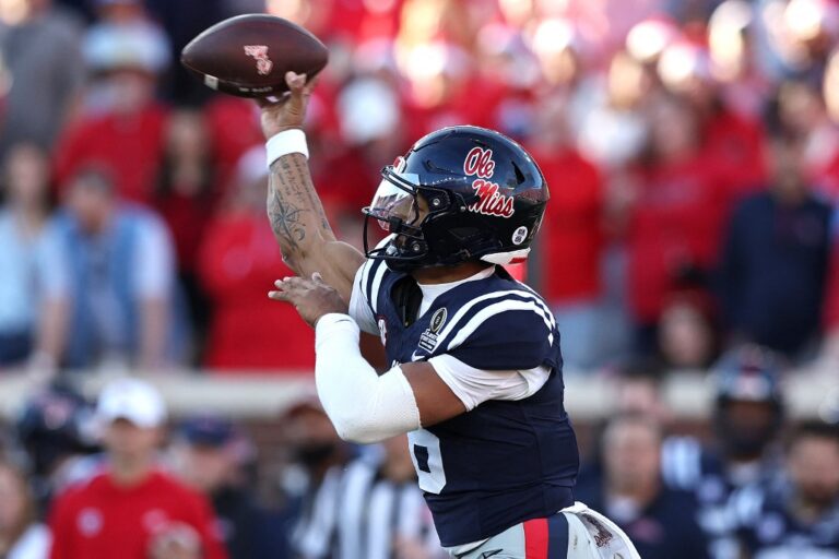 2025 College Football Playoff First Round Game - Tulane v Ole Miss - Oddstrader - Oddstrader Trinidad Chambliss #6 of the Ole Miss Rebels makes a pass during the first quarter of the 2025 College Football Playoff First Round Game against the Tulane Green Wave.