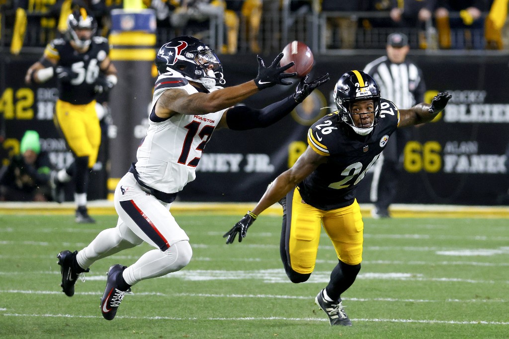 The cover for this NFL odds divisional round shows Christian Kirk #13 of the Houston Texans catching a pass against Brandin Echols #26 of the Pittsburgh Steelers.