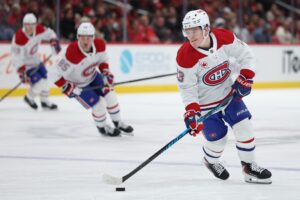 The cover for this NHL picks today article shows Cole Caufield #13 of the Montreal Canadiens skating with the puck against the Washington Capitals.