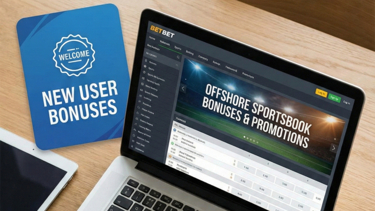 Sportsbook bonuses banner displayed on a laptop next to a blue card with new user bonuses.